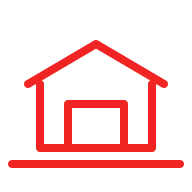 Red line icon of a shed with a pitched roof and door sitting on a flat base