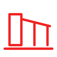 Red line icon of an awning extension sloping from a tall rectangular frame to two support posts on a grey background