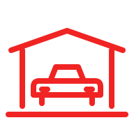 Red line icon of a car parked under a carport shelter on a grey background