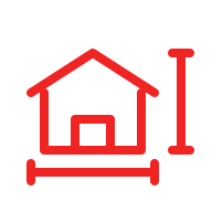 Red line icon of a house and I-beam on a grey background representing custom shed construction