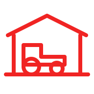 Red outline icon of a truck parked inside a shed with a peaked roof