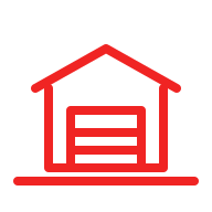Red line icon of a garage with a pitched roof and horizontally slatted door on grey background