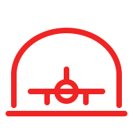 Red line icon of a hangar with arched dome and an airplane front view inside