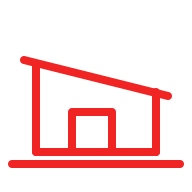 Red line icon of a single-slope shed with a small square door on a grey background
