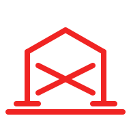 Red line icon of a shed frame with crossed diagonal braces on a grey background